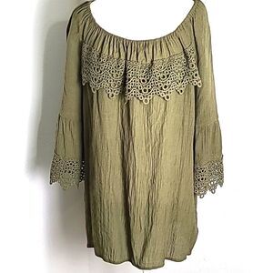 Cato Army Green Embroidered Lace Top with Bell Sleeves, Size  22/24W